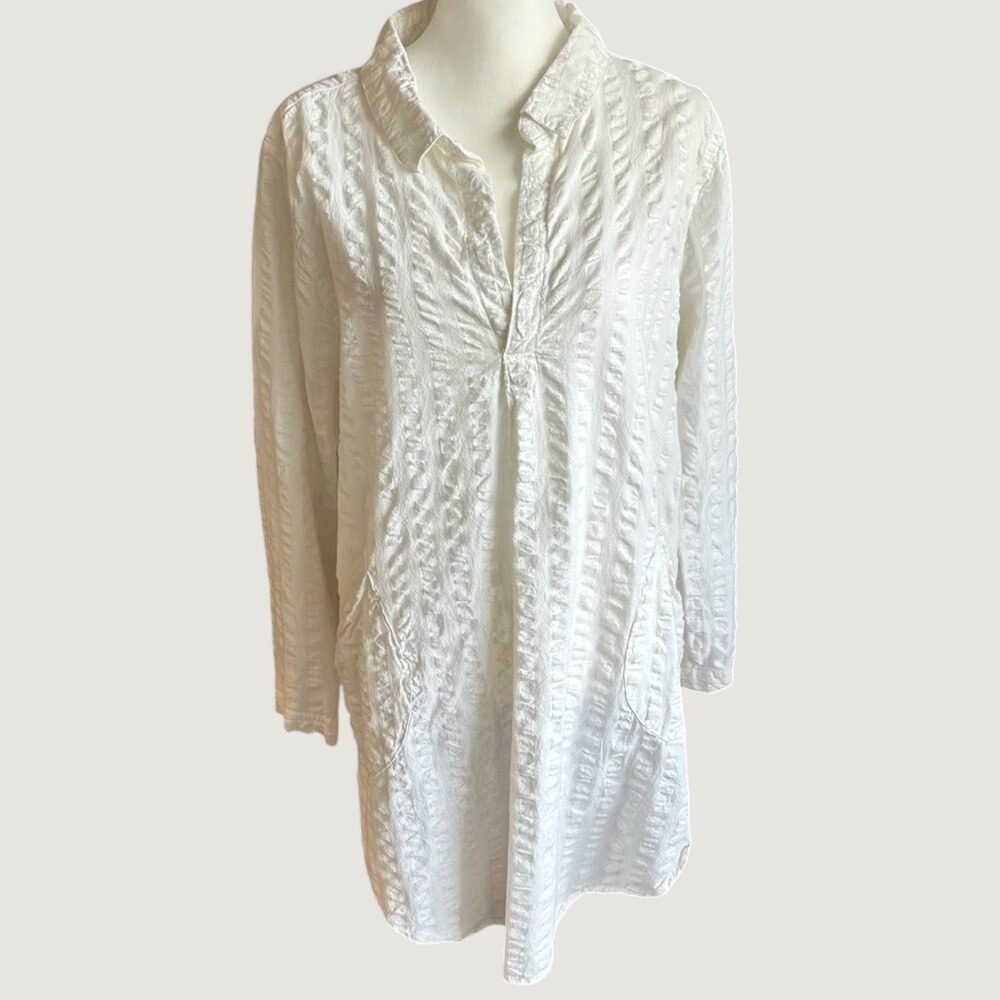 Dylan‎ Tunic Dress Womens XL White Textured Cotton Long Sleeve Pockets C1W12SF21